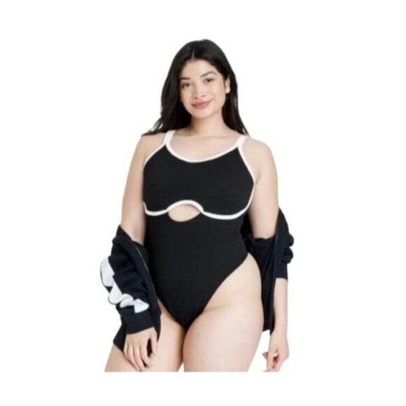 Colsie Women's Black/White Contrast Trim Keyhole Bodysuit - Size L, NWT - Picture 1 of 8